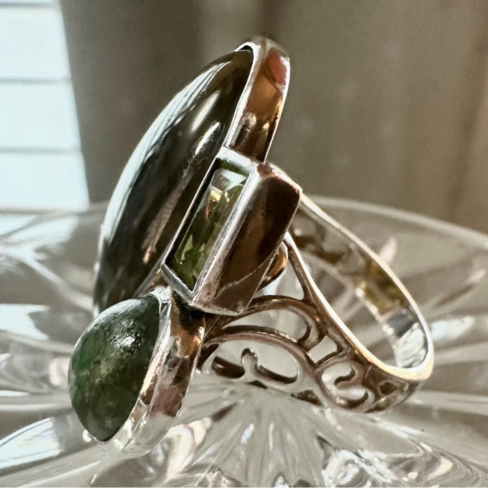 Elegant Labradorite, Peridot, Green Turquoise 925 Silver Cocktail Artisan Ring - Picture 5 of 15